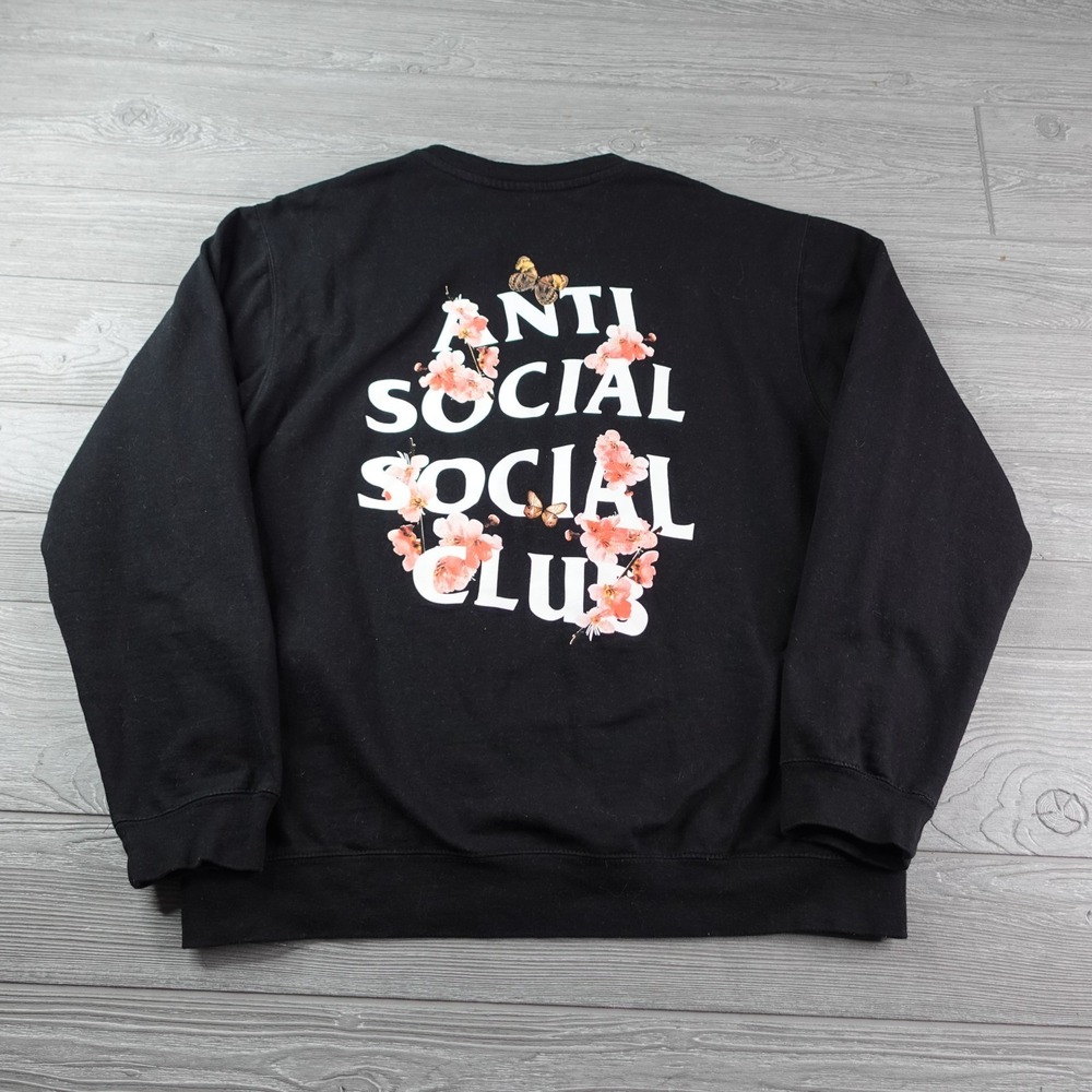 Anti Social Club Sweatshirt Men's Large Black Kkoch Butterfly Blossom ASSC Crew - Picture 5 of 7